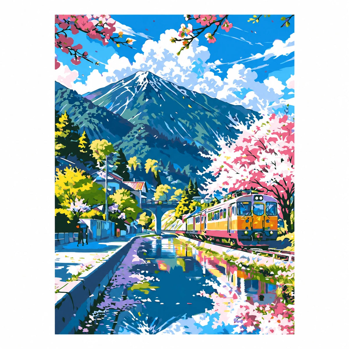 Original artwork for Cherry Blossoms By The Tracks Diamond Painting Kit, featuring pink cherry blossoms lining a mountain railway as a train crosses a blue stream.