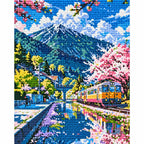 Completed Cherry Blossoms By The Tracks diamond painting showing pink cherry blossoms lining a mountain railway as a train crosses a blue stream.