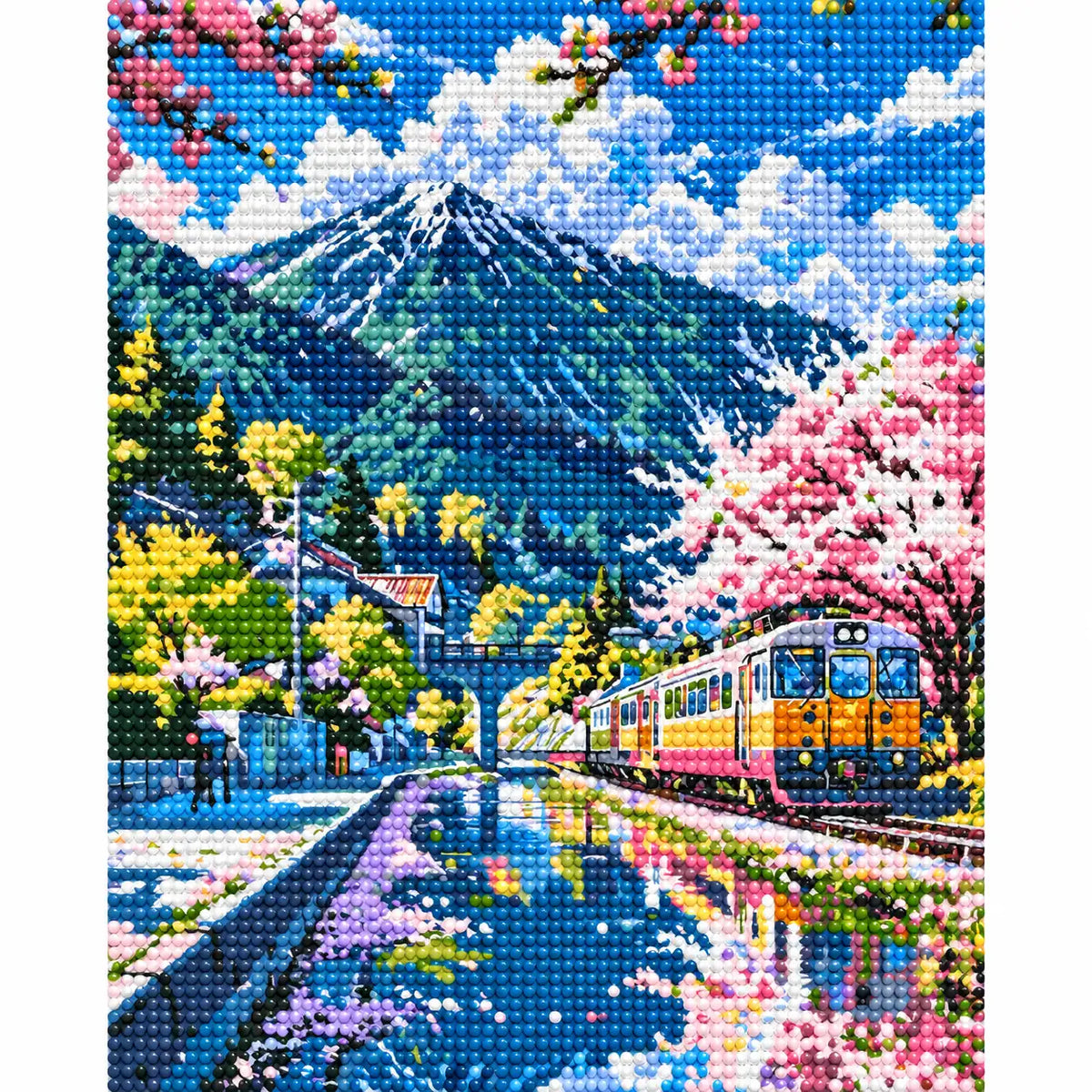 Completed Cherry Blossoms By The Tracks diamond painting showing pink cherry blossoms lining a mountain railway as a train crosses a blue stream.