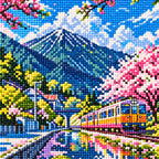 Close-up of drill texture and details in pink cherry blossoms lining a mountain railway as a train crosses a blue stream.
