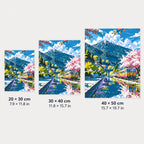Size guide for Cherry Blossoms By The Tracks Diamond Painting Kit with 20 × 30 cm, 30 × 40 cm and 40 × 50 cm options.