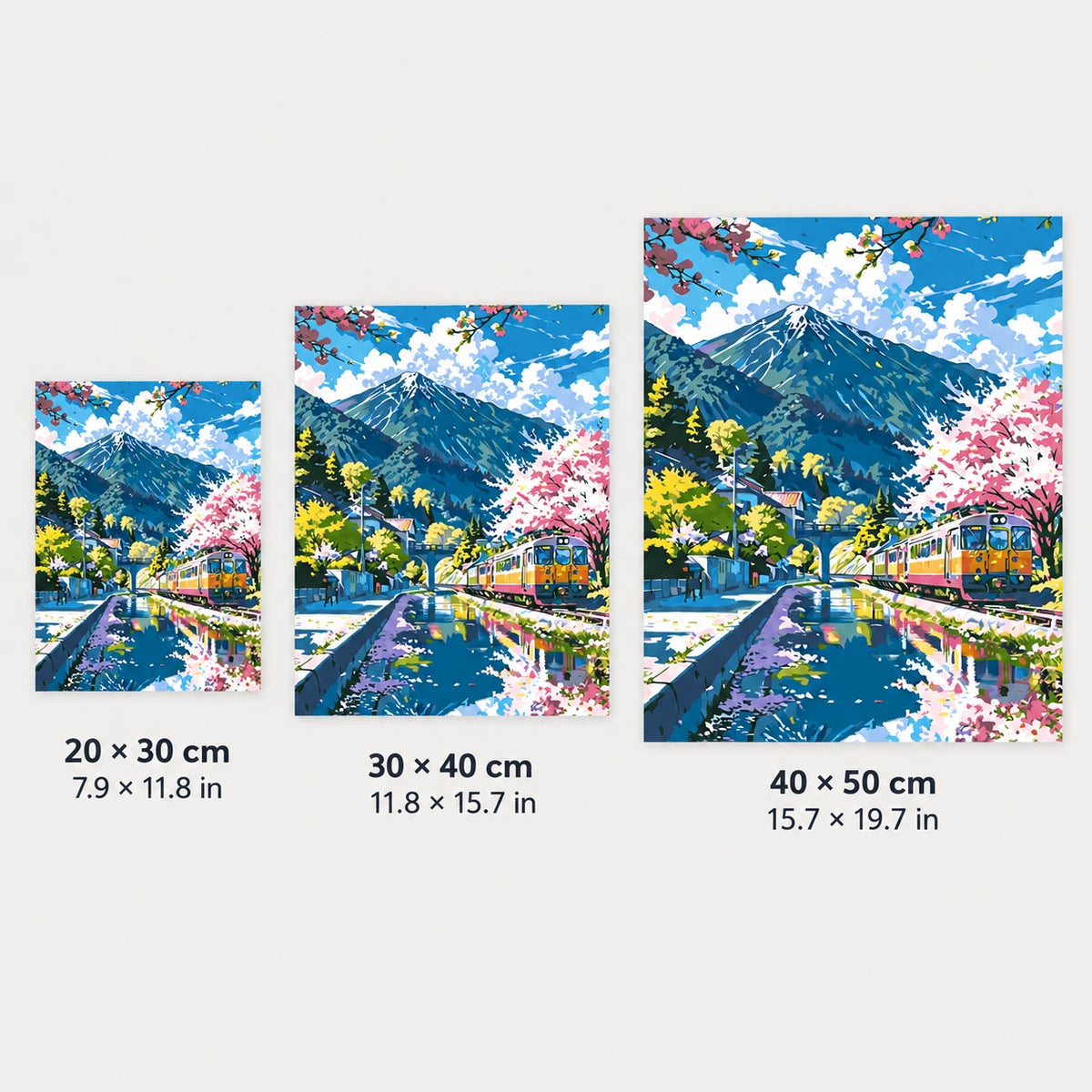 Size guide for Cherry Blossoms By The Tracks Diamond Painting Kit with 20 × 30 cm, 30 × 40 cm and 40 × 50 cm options.