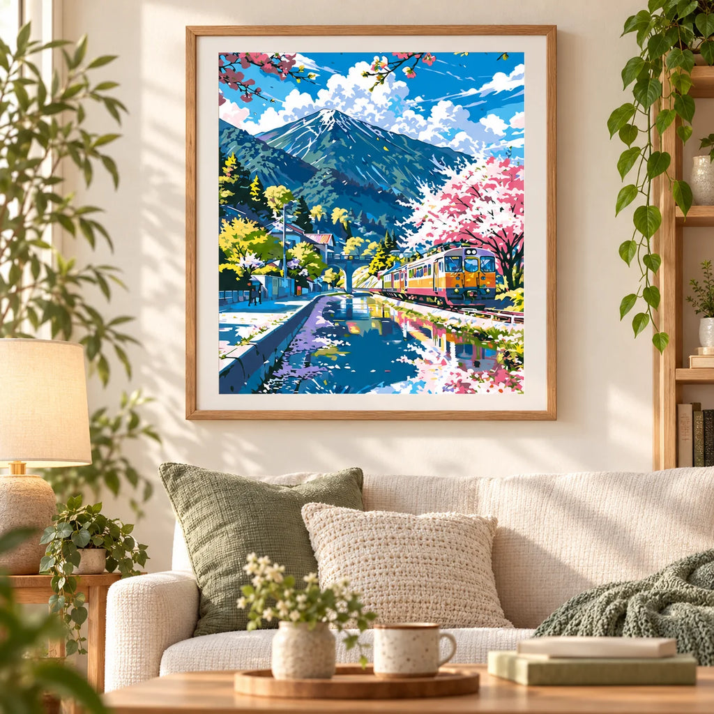 Home decor scene with the Cherry Blossoms By The Tracks diamond painting featuring pink cherry blossoms lining a mountain railway as a train crosses a blue stream.