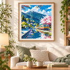 Home decor scene with the Cherry Blossoms By The Tracks diamond painting featuring pink cherry blossoms lining a mountain railway as a train crosses a blue stream.