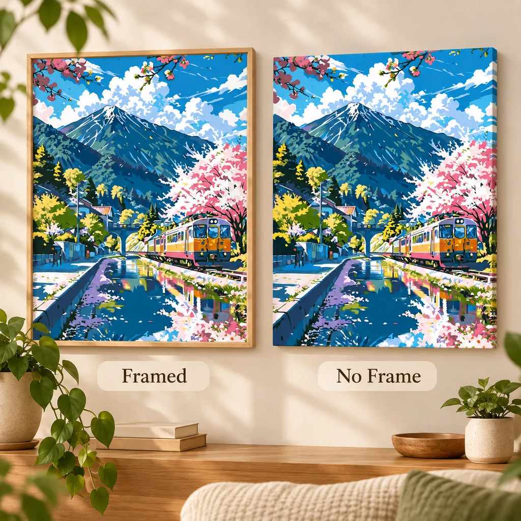Framed and no-frame comparison for the Cherry Blossoms By The Tracks diamond painting, featuring pink cherry blossoms lining a mountain railway as a train crosses a blue stream.
