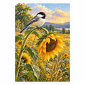 Original artwork of a chickadee beside a sunflower in a golden meadow