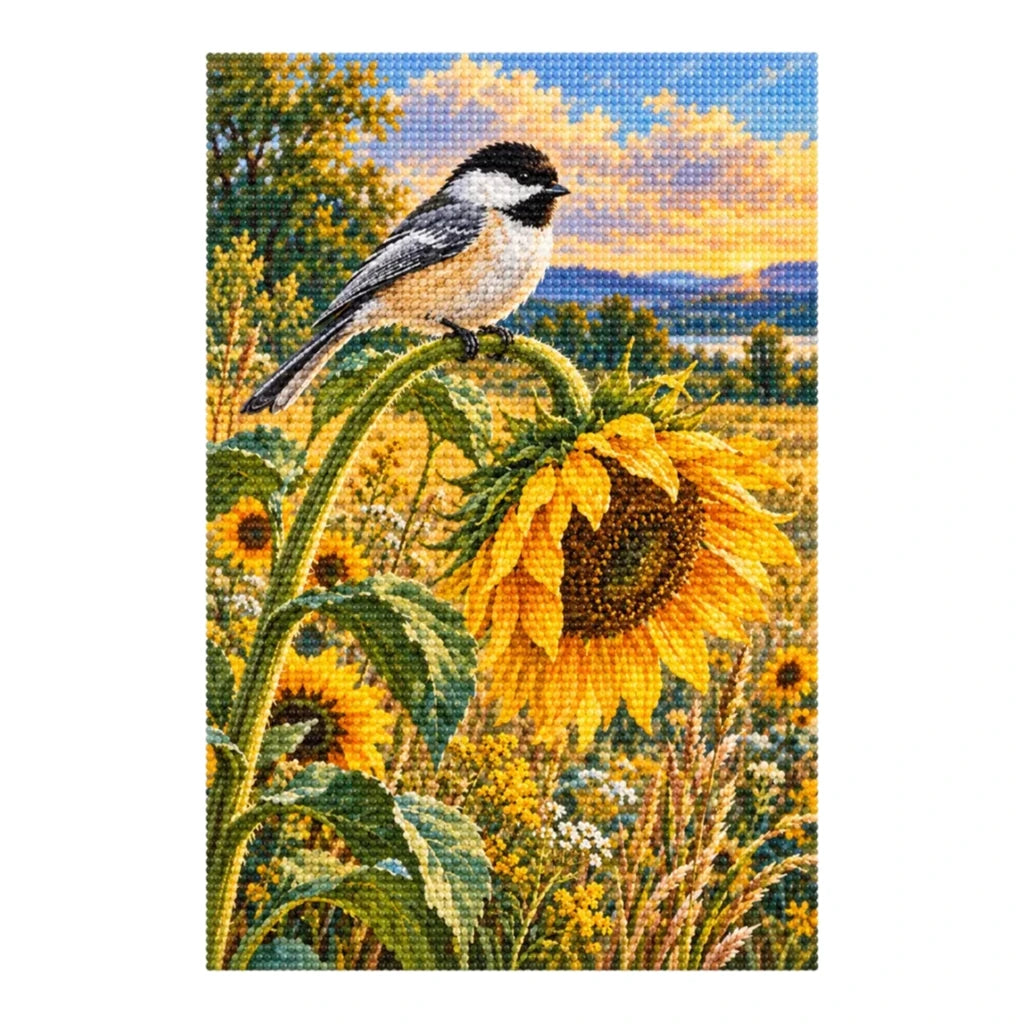 Finished chickadee and sunflower diamond painting on a white background