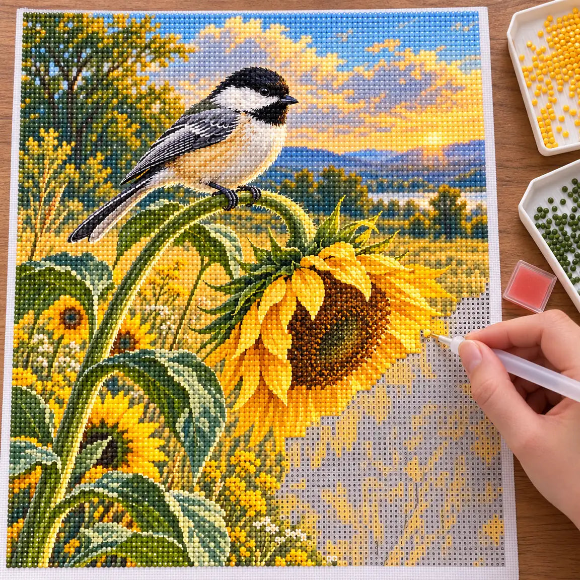 DIY process for a chickadee sunflower diamond painting kit
