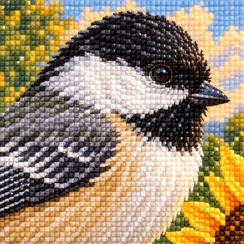 Close-up diamond drill detail of a chickadee beside a sunflower