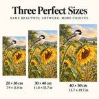 Three size options for the chickadee sunflower diamond painting