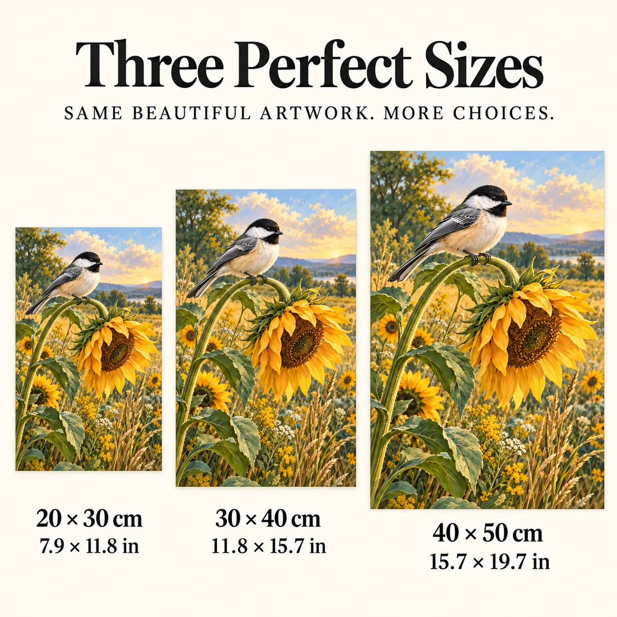 Three size options for the chickadee sunflower diamond painting