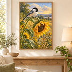 Framed chickadee sunflower diamond painting displayed in a living room