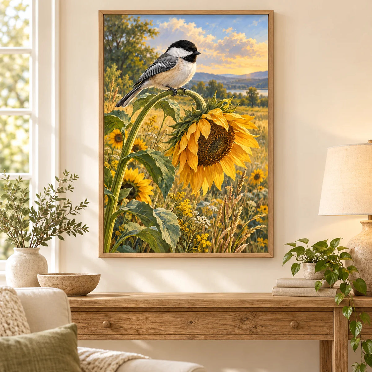 Framed chickadee sunflower diamond painting displayed in a living room