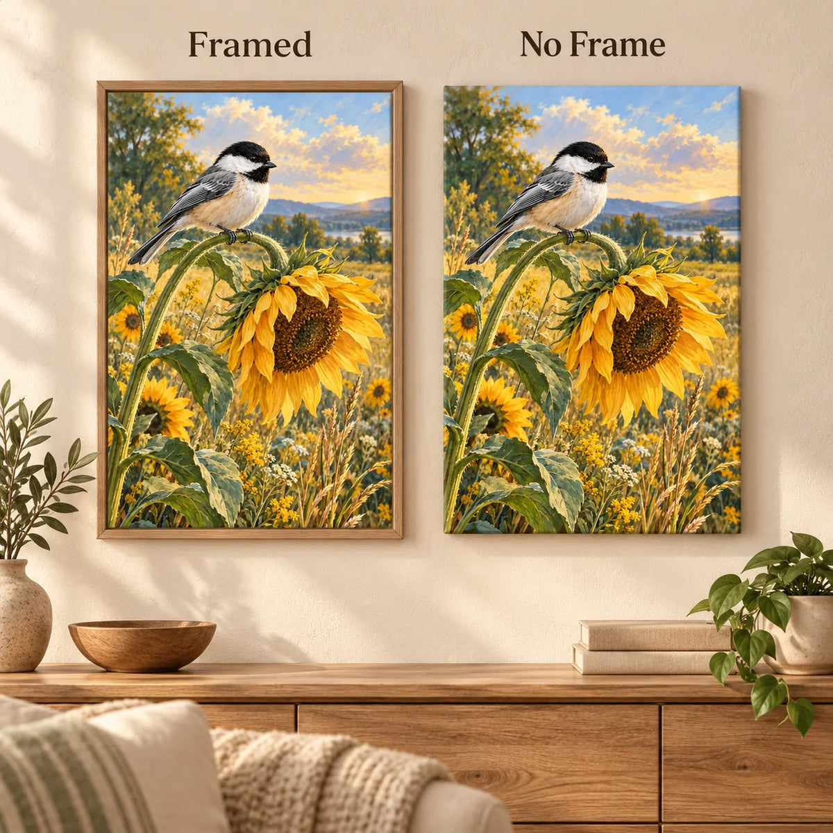 Framed and no-frame comparison for the chickadee sunflower artwork