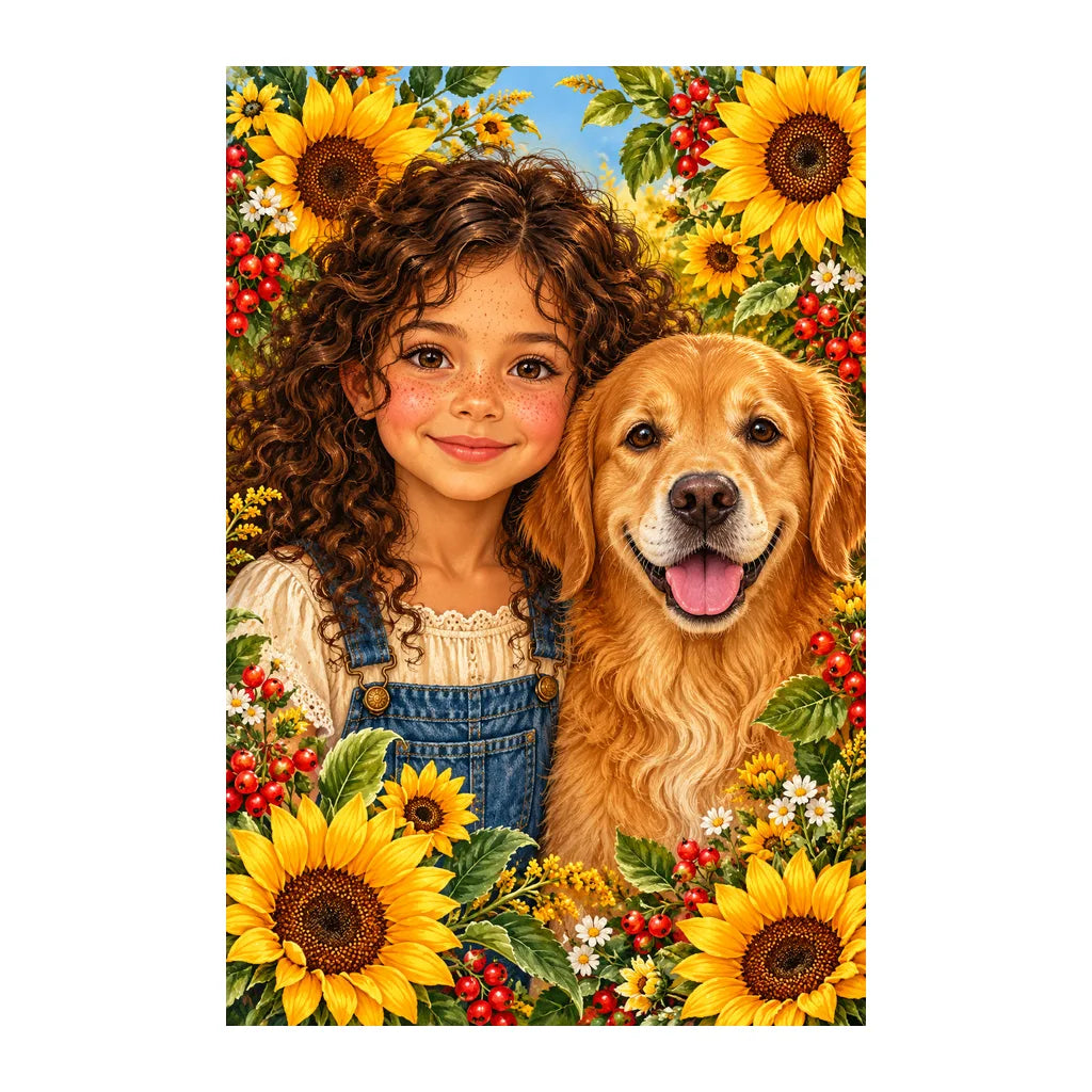 Original white-background artwork of Child and Golden Retriever