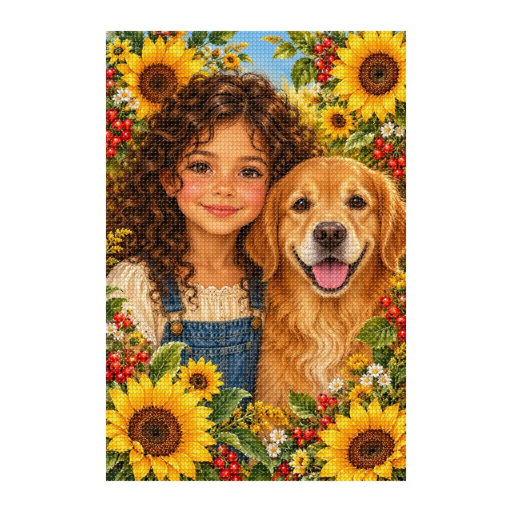 Finished white-background diamond painting of Child and Golden Retriever