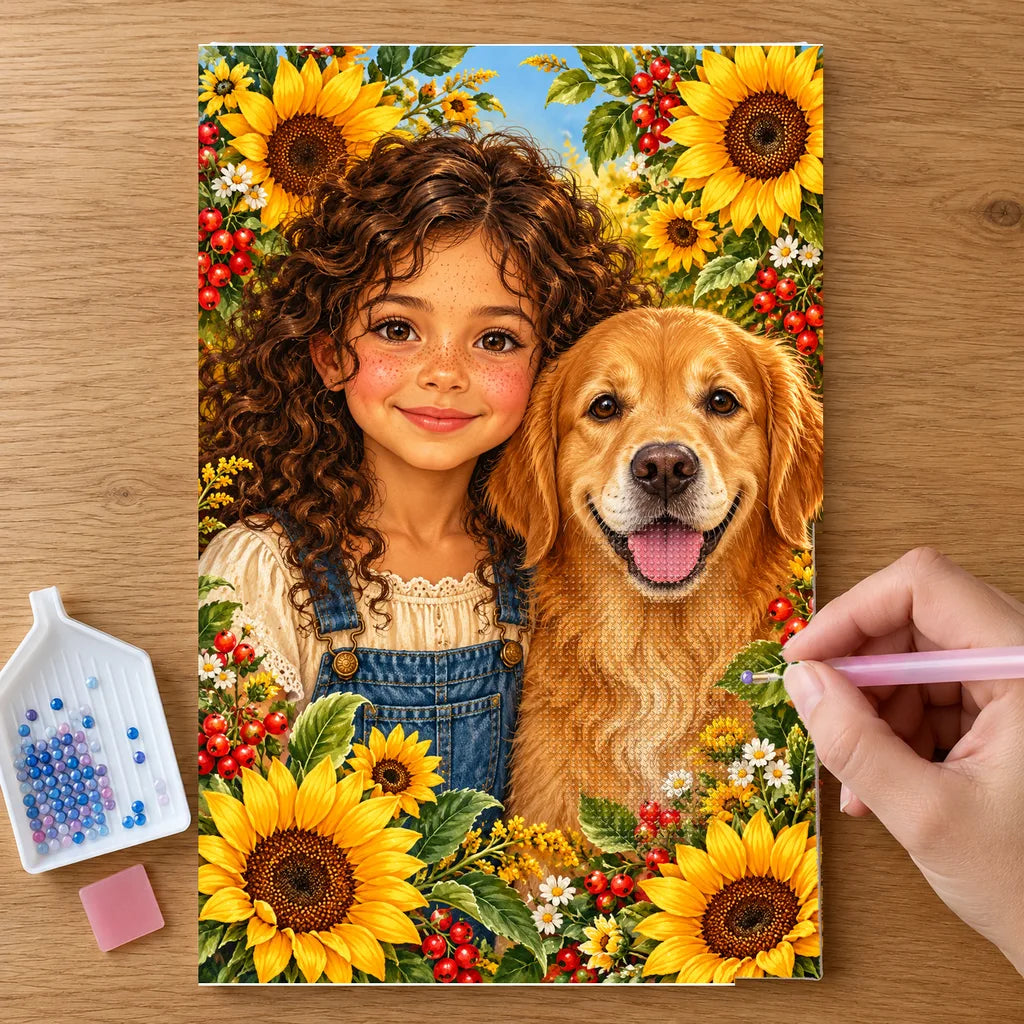 Hands placing drills on the Child and Golden Retriever diamond painting canvas