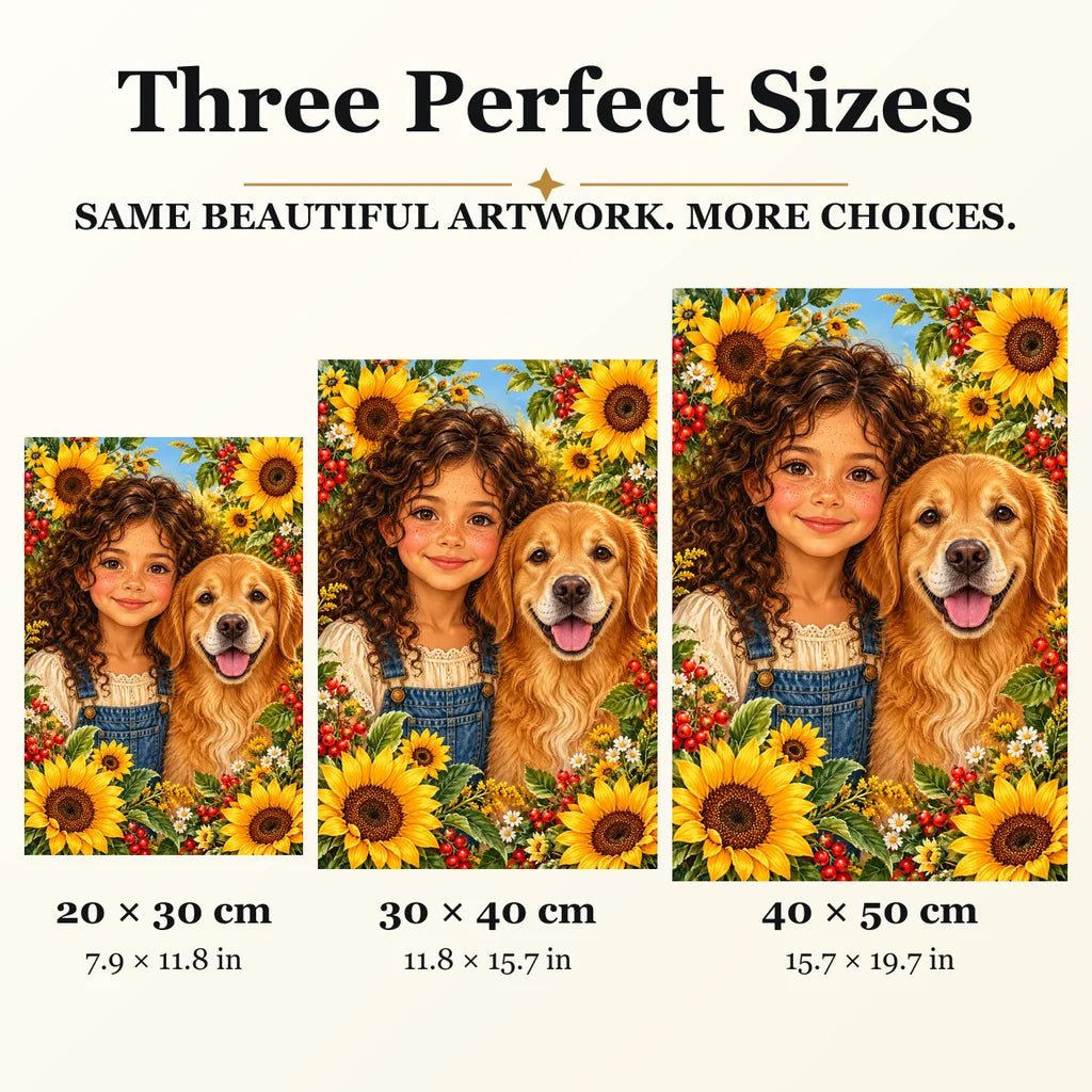 Child and Golden Retriever diamond painting in 20 by 30, 30 by 40, and 40 by 50 centimeter sizes