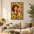 Framed Child and Golden Retriever diamond painting displayed in a home interior