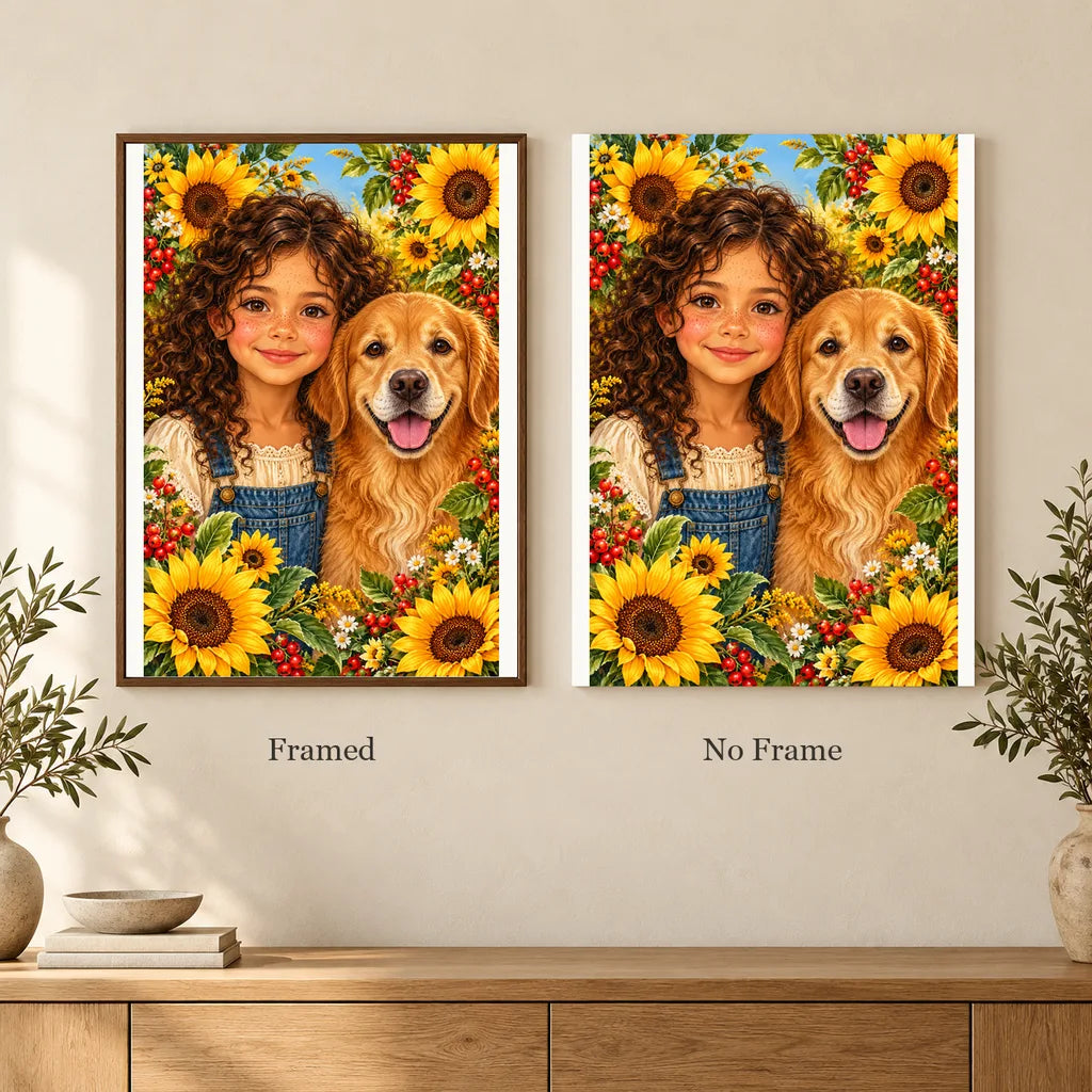 Framed and no-frame options for the Child and Golden Retriever diamond painting
