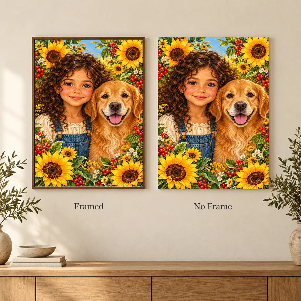 Framed and no-frame options for the Child and Golden Retriever diamond painting