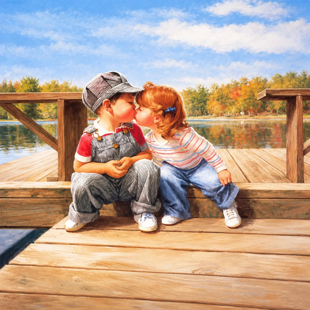 Original artwork for Children Kissing on the Dock Diamond Painting Kit
