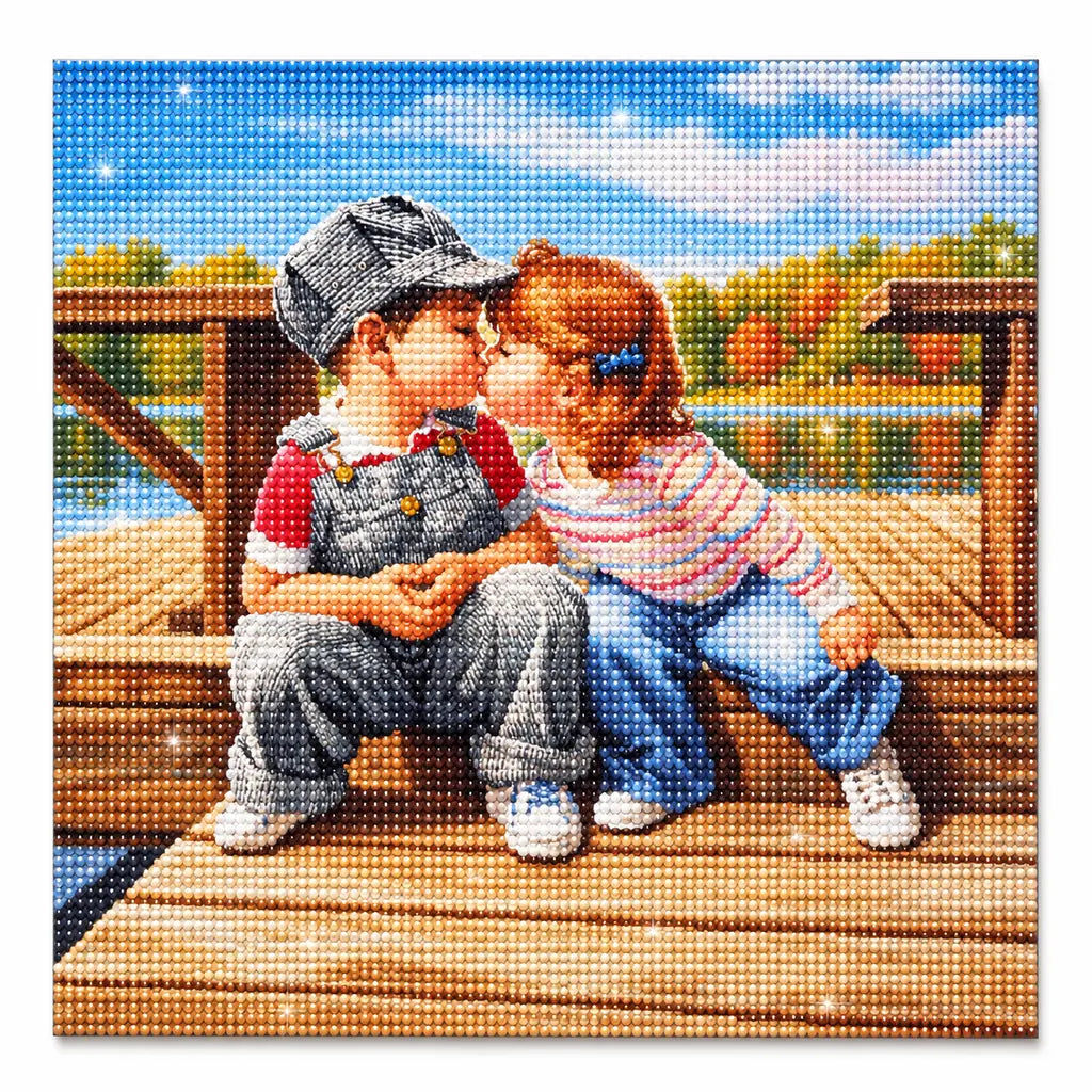Finished diamond painting for Children Kissing on the Dock Diamond Painting Kit