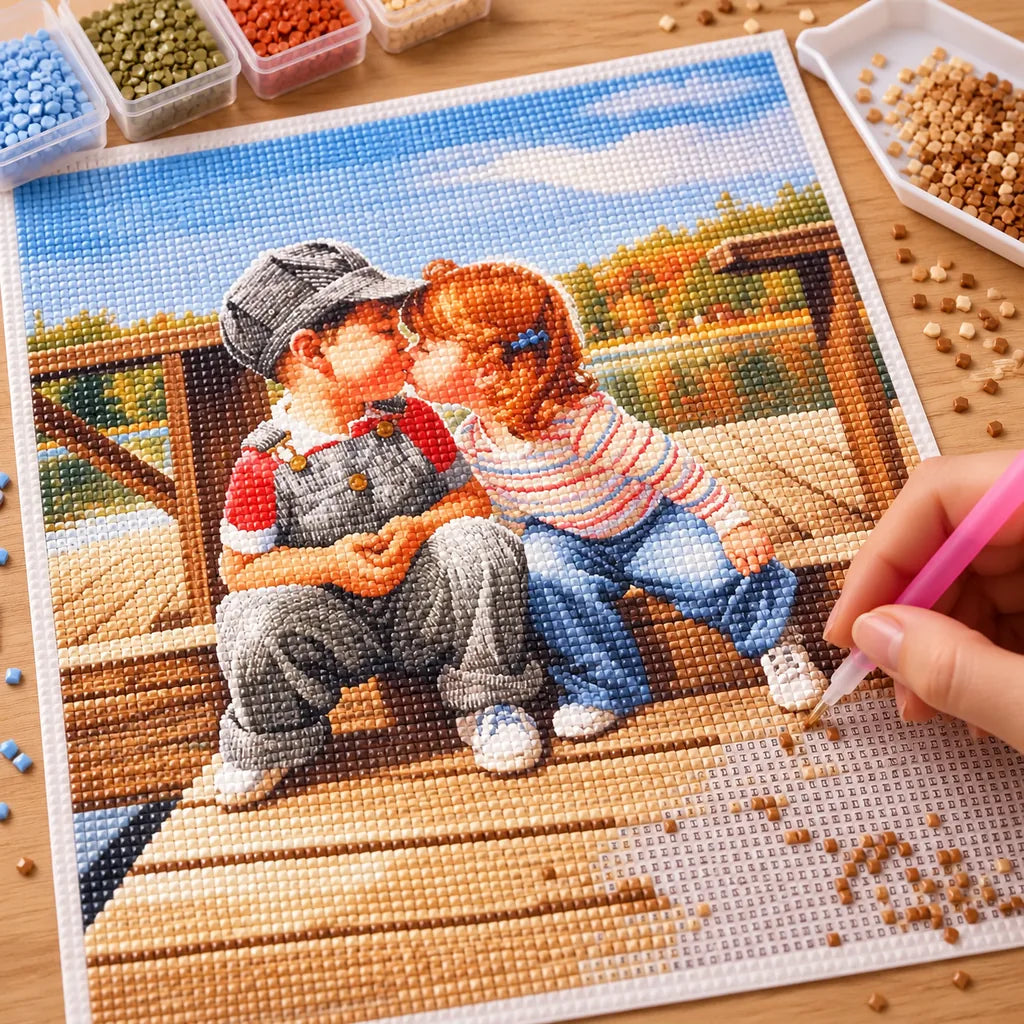 Diamond painting process for Children Kissing on the Dock Diamond Painting Kit