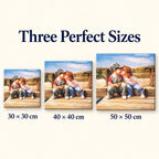 Size guide for Children Kissing on the Dock Diamond Painting Kit: 30 × 30 cm, 40 × 40 cm, 50 × 50 cm.