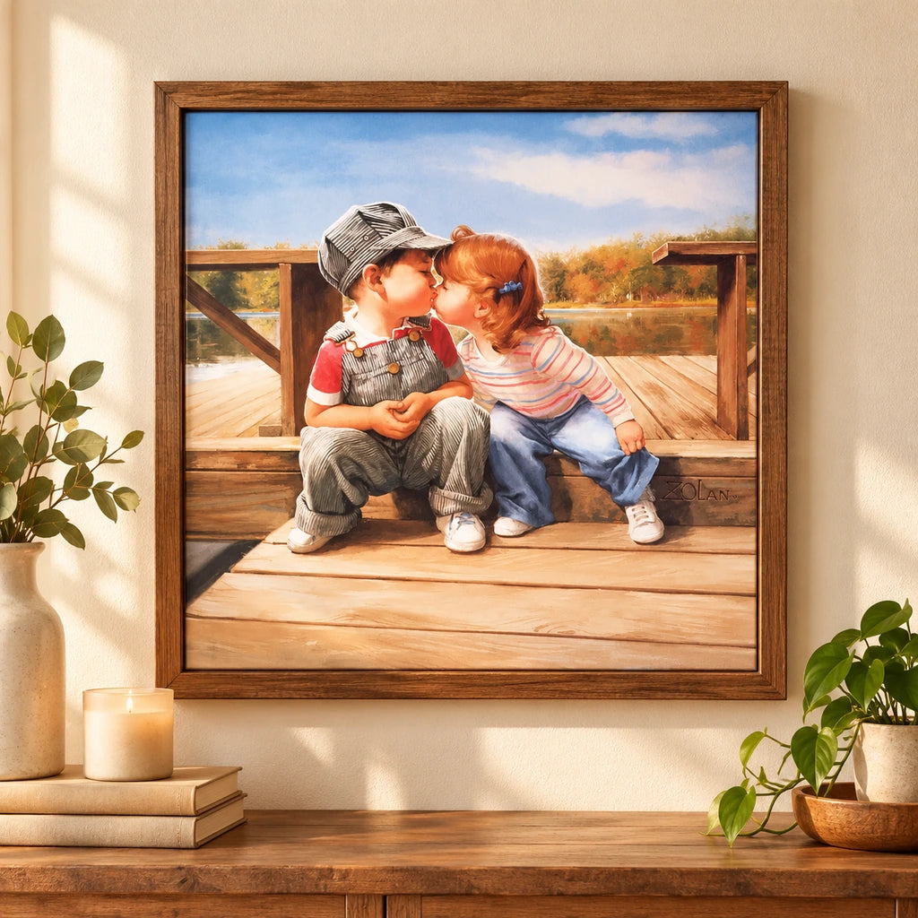 Home decor scene for Children Kissing on the Dock Diamond Painting Kit