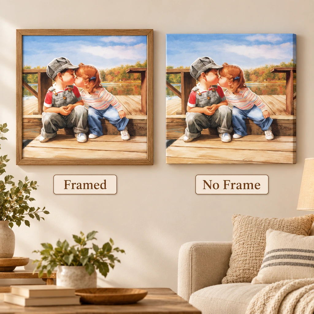 Framed and no-frame comparison for Children Kissing on the Dock Diamond Painting Kit