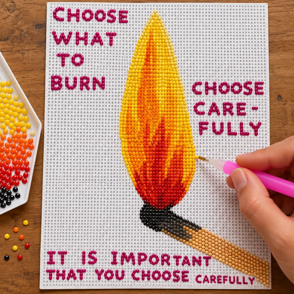 Diamond painting process for Choose What to Burn Match Art Diamond Painting Kit, with drills being placed over a single upright flame beside the words “Choose What to Burn”.