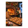Original illustration of a baker arranging pastries beside a glowing brick oven in a Christmas-decorated kitchen, on a white background