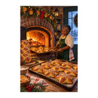 Original illustration of a baker arranging pastries beside a glowing brick oven in a Christmas-decorated kitchen, on a white background