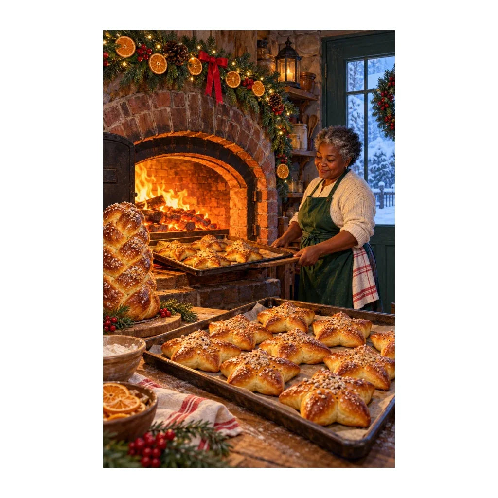 Original illustration of a baker arranging pastries beside a glowing brick oven in a Christmas-decorated kitchen, on a white background