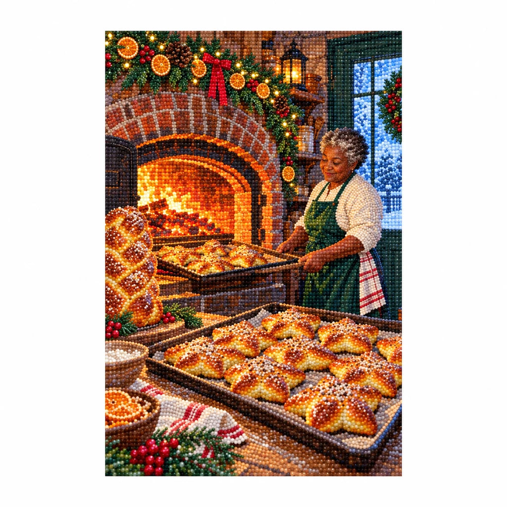 Finished diamond painting of a baker, fresh pastries, and a brick oven in a festive kitchen