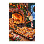 Finished diamond painting of a baker, fresh pastries, and a brick oven in a festive kitchen