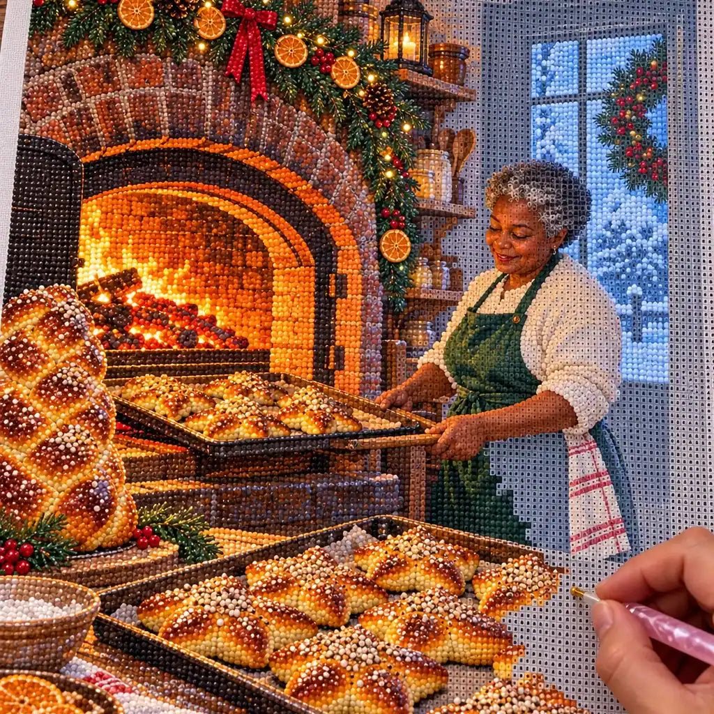 Hand placing diamond drills on the Christmas bakery oven canvas