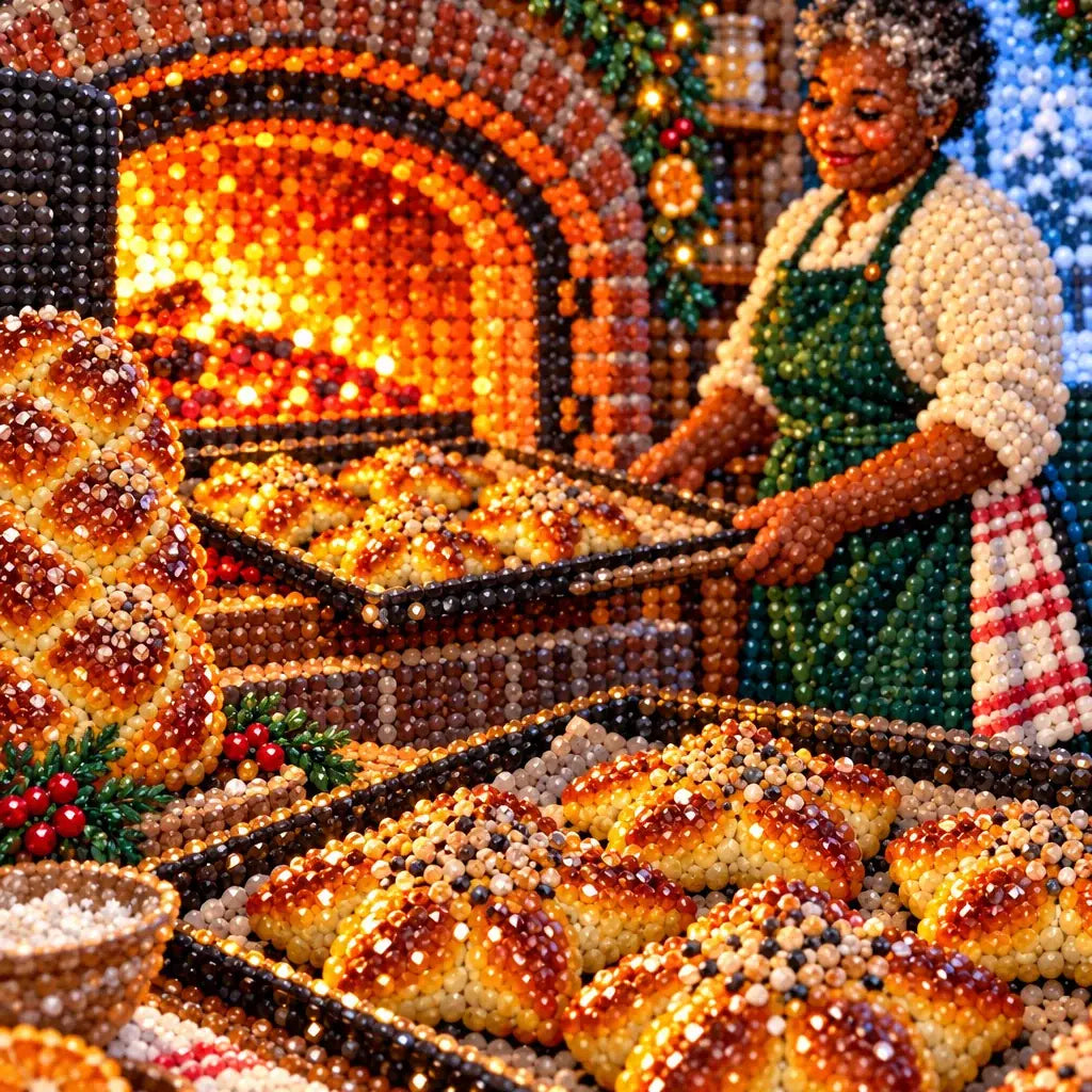Close-up of diamond drills forming baked pastries and the glowing brick oven