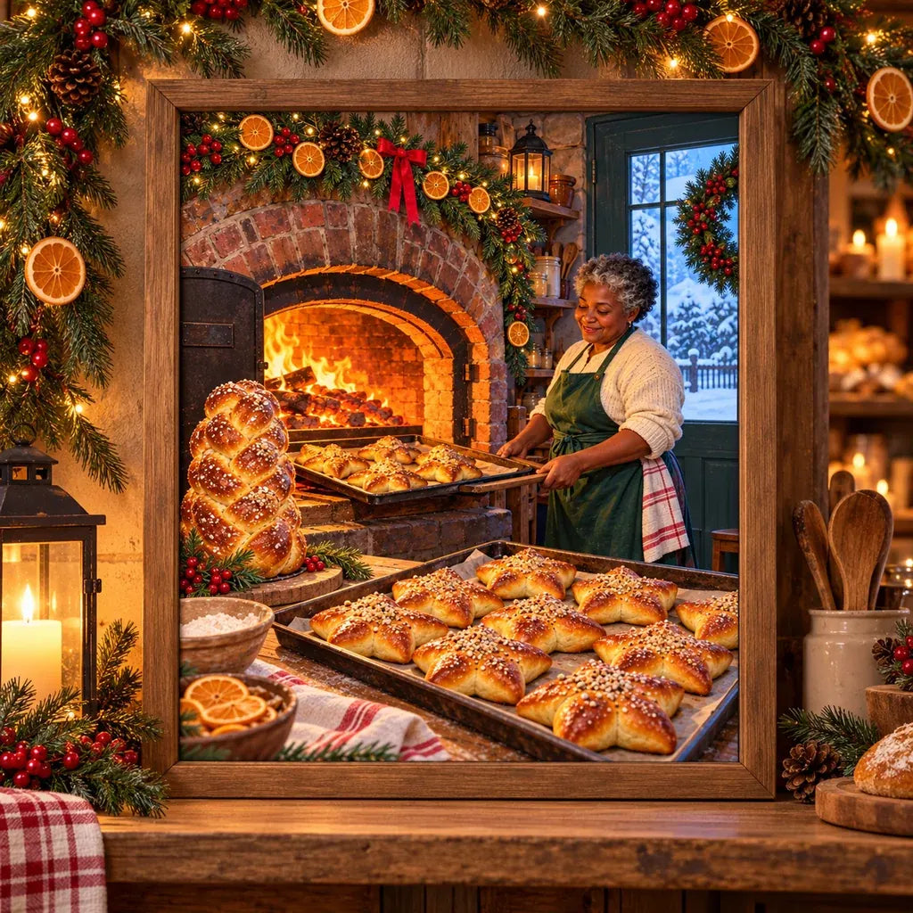 Framed Christmas bakery oven diamond painting displayed in a cozy interior