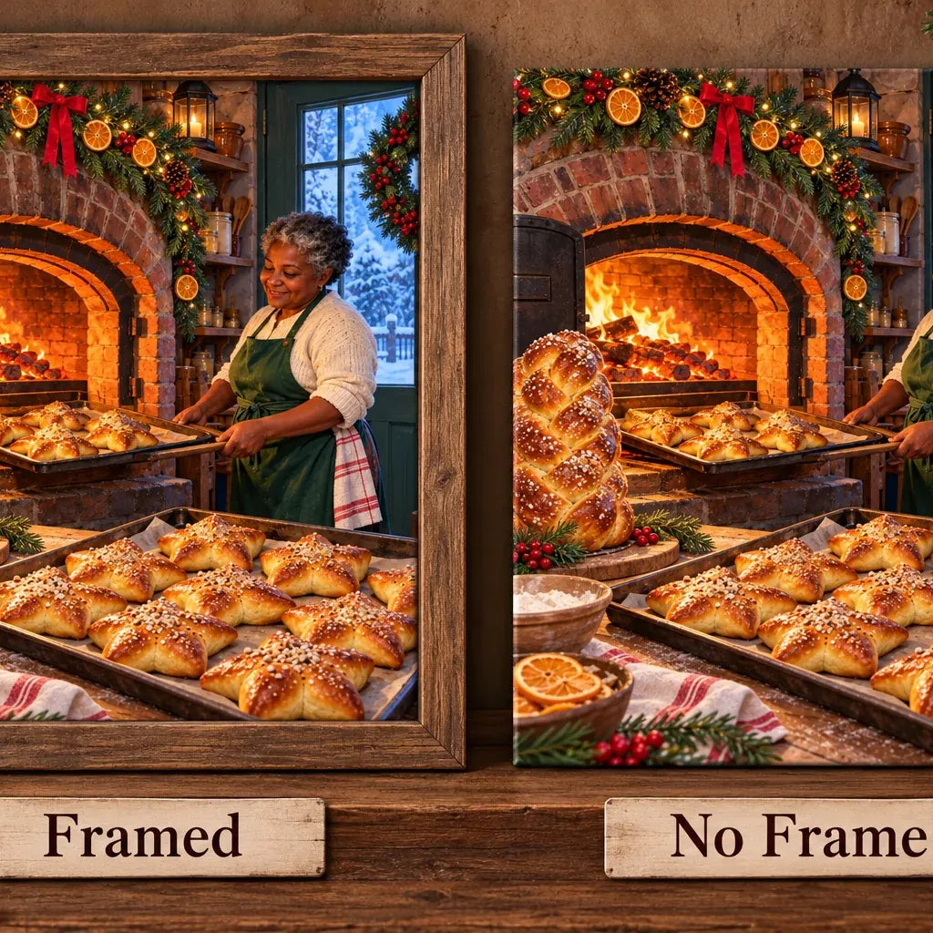 Framed and no-frame comparison for the Christmas bakery oven diamond painting