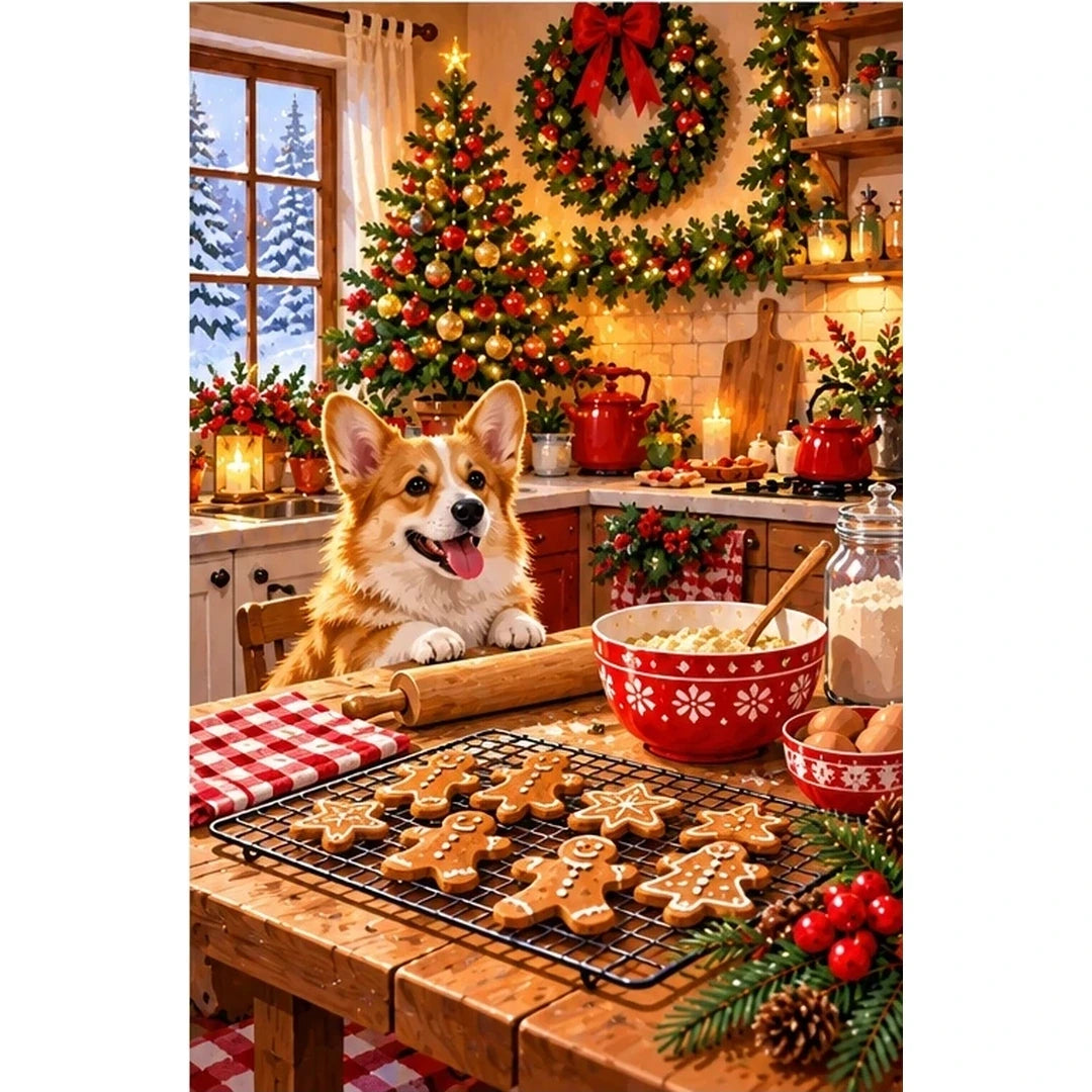 Christmas Baking Kitchen Corgi — original artwork on a clean white background