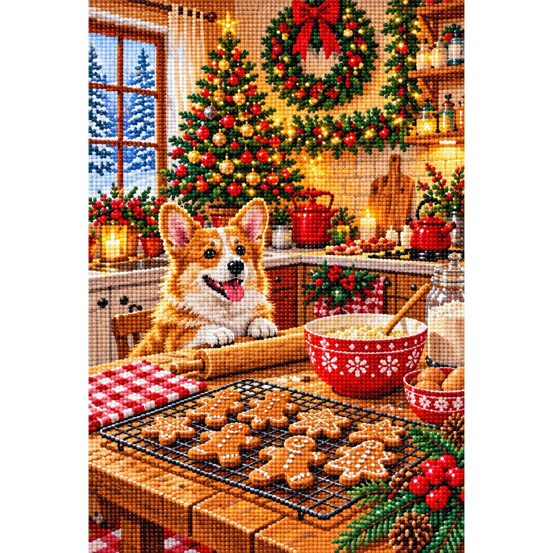 Christmas Baking Kitchen Corgi — finished diamond painting on a white background