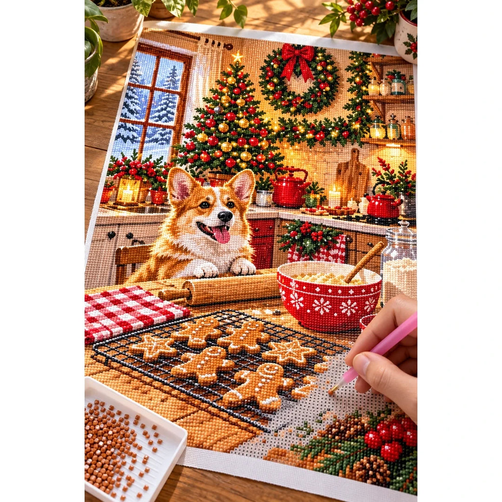 Christmas Baking Kitchen Corgi — diamond painting process with applicator pen