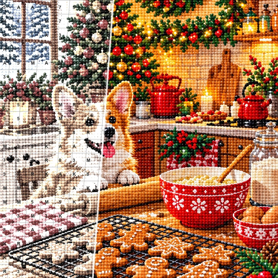 Christmas Baking Kitchen Corgi — close-up canvas and resin drill detail