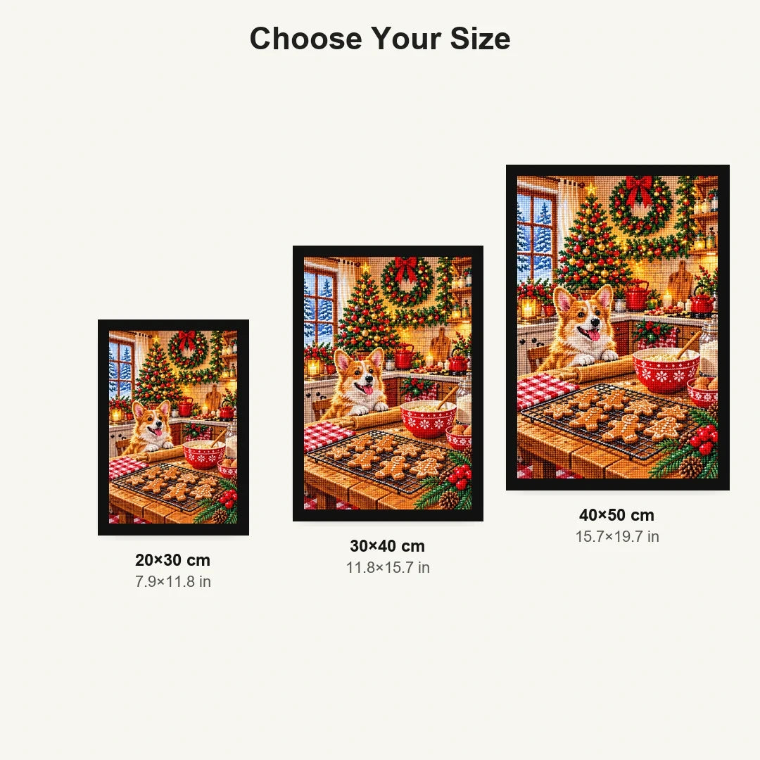Christmas Baking Kitchen Corgi — size comparison for 20 × 30, 30 × 40 and 40 × 50 cm