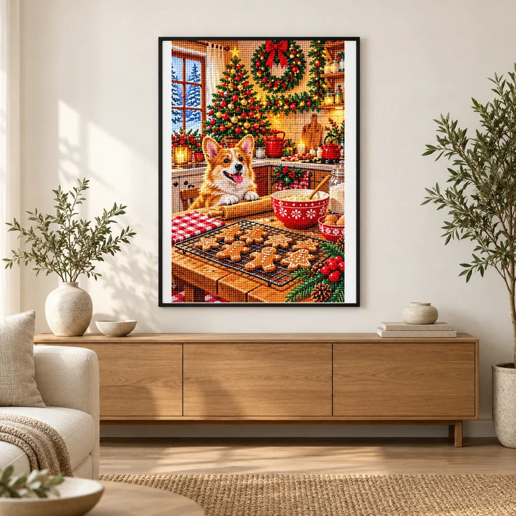 Christmas Baking Kitchen Corgi — finished diamond painting displayed in a home interior
