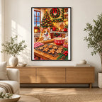 Christmas Baking Kitchen Corgi — finished diamond painting displayed in a home interior