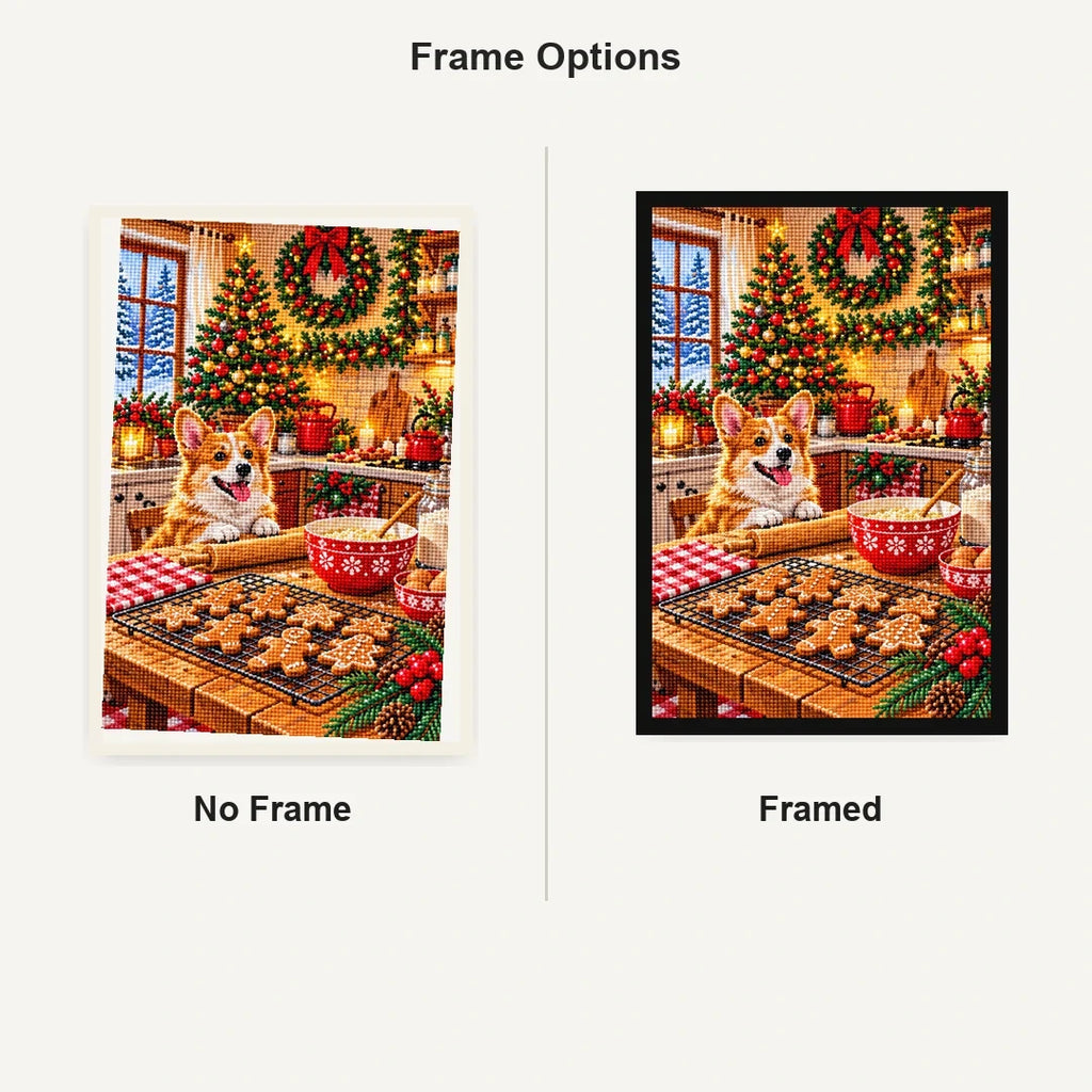 Christmas Baking Kitchen Corgi — No Frame and Framed style comparison