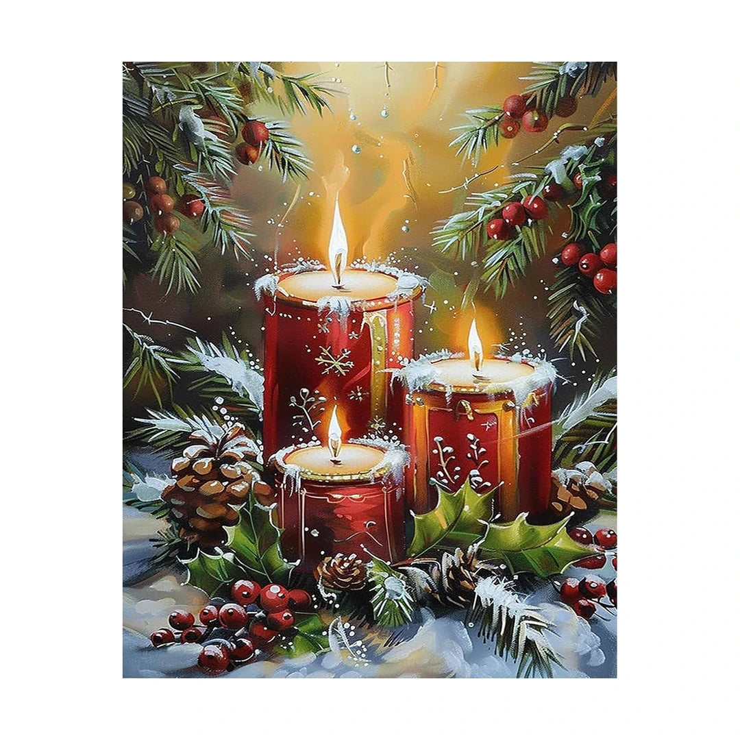 Christmas Candles & Pinecones Diamond Painting Kit original artwork on white background
